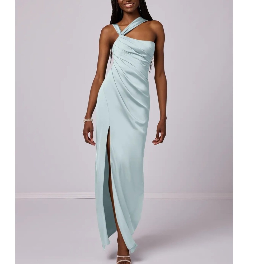 Azazie Barbie‎ Mist Blue One Shoulder Stretch Satin Mermaid Gown Dress A0 NEW